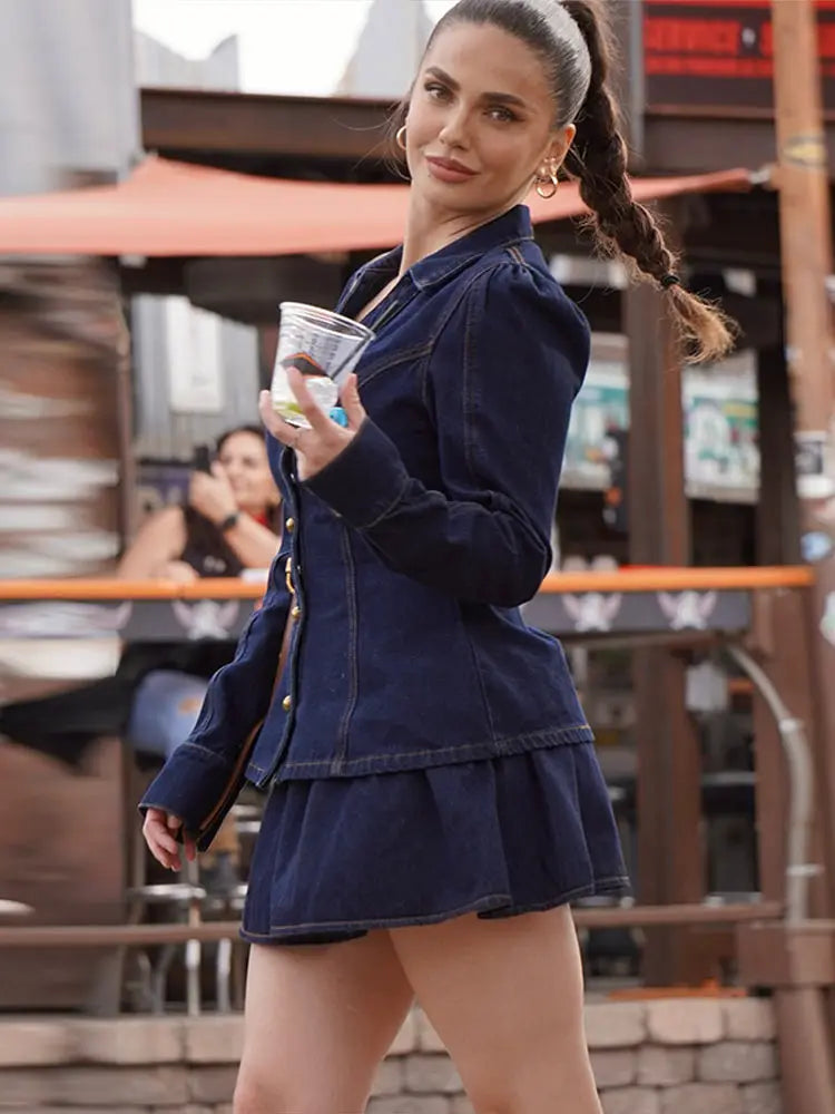 Dark Indigo Denim Blazer Mini Skirt Set | Sculpted Fit, Gold Buttons