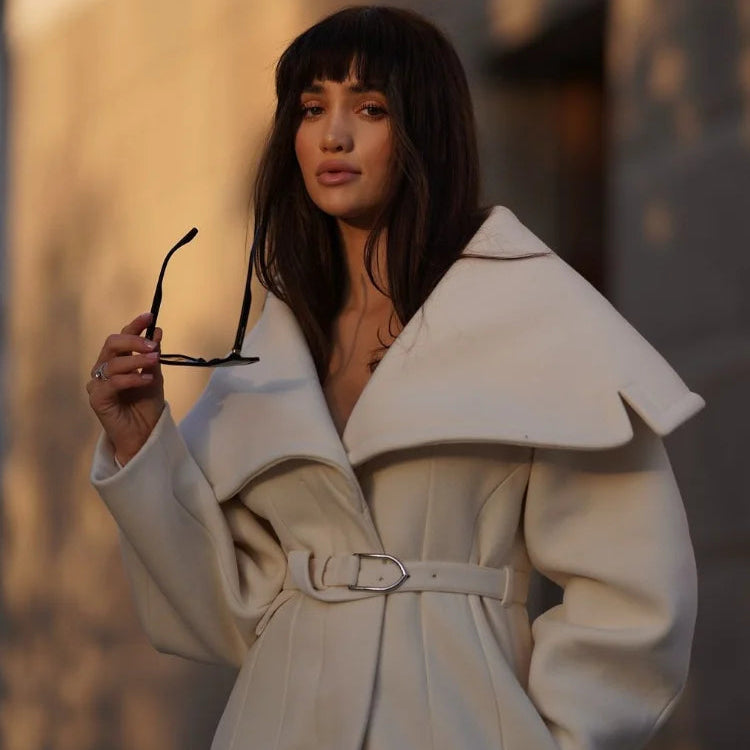 Murps Luxury Elegant Shawl-Collar Belted Long Coat – Ivory