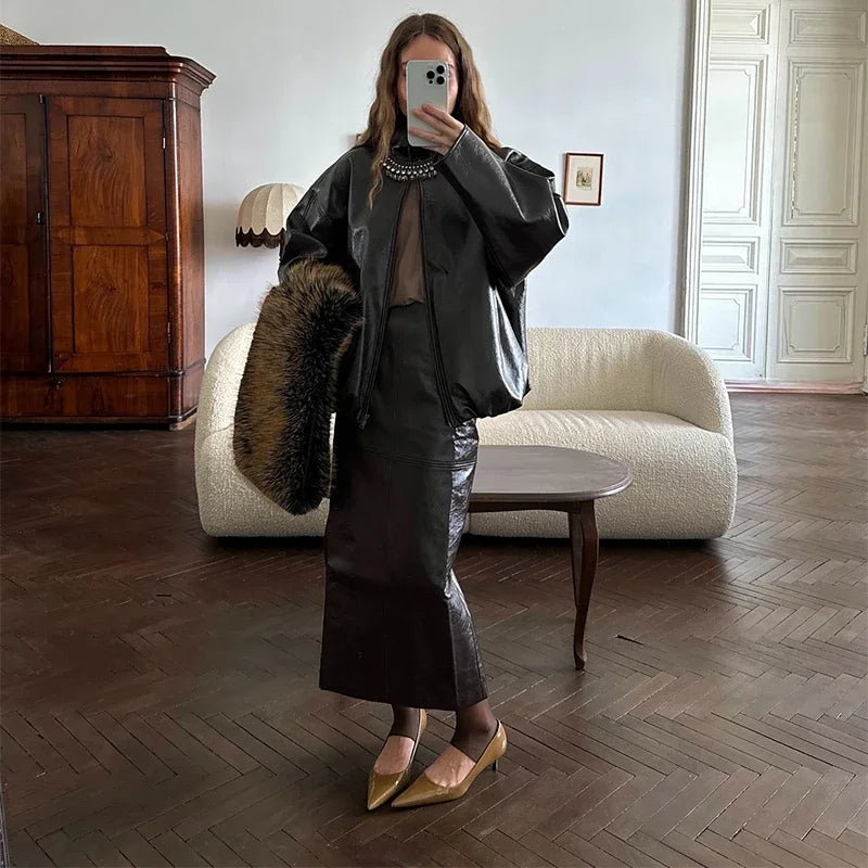 Vintage Olive PU Leather Jacket & Midi Skirt Set - High Neck Zip Coat - Slim Fit Pencil Skirt