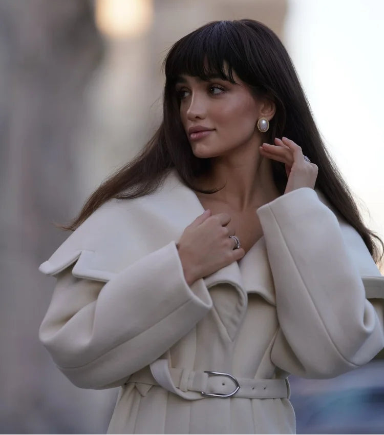 Murps Luxury Elegant Shawl-Collar Belted Long Coat – Ivory