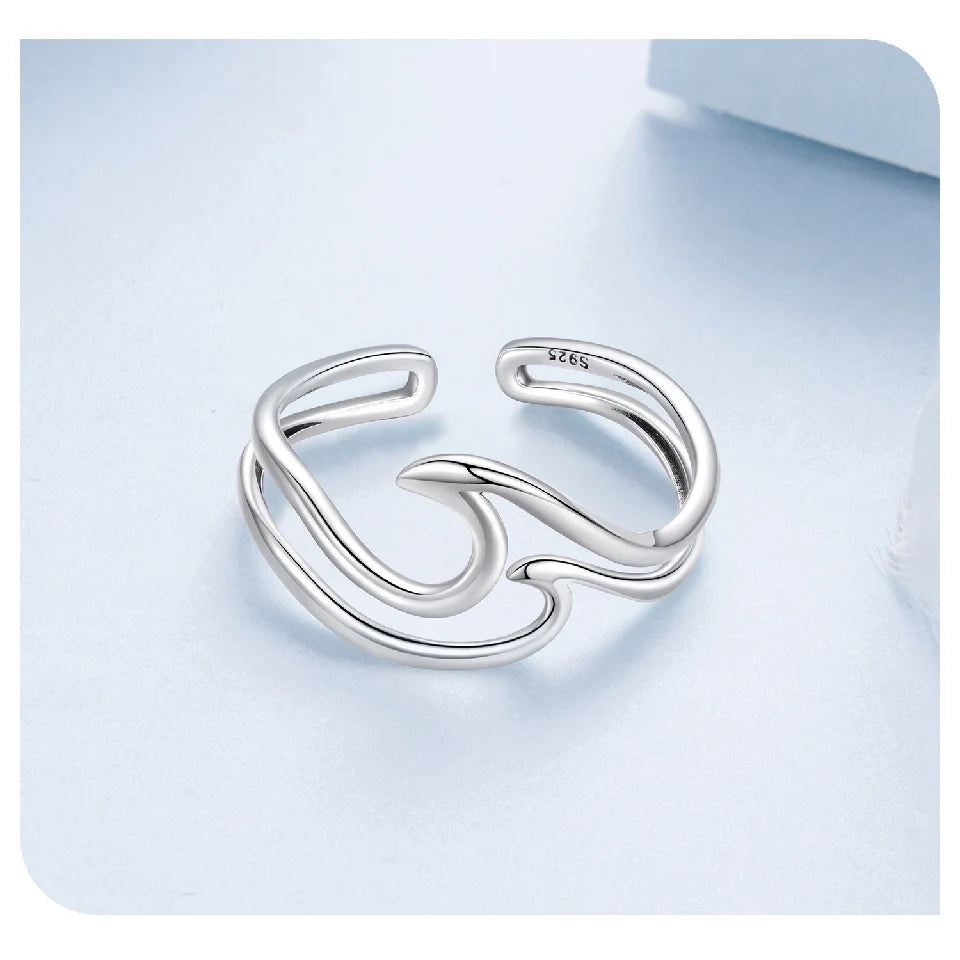 Curved Double-Layer Wave Ring | Adjustable 925 Sterling Silver Open Band