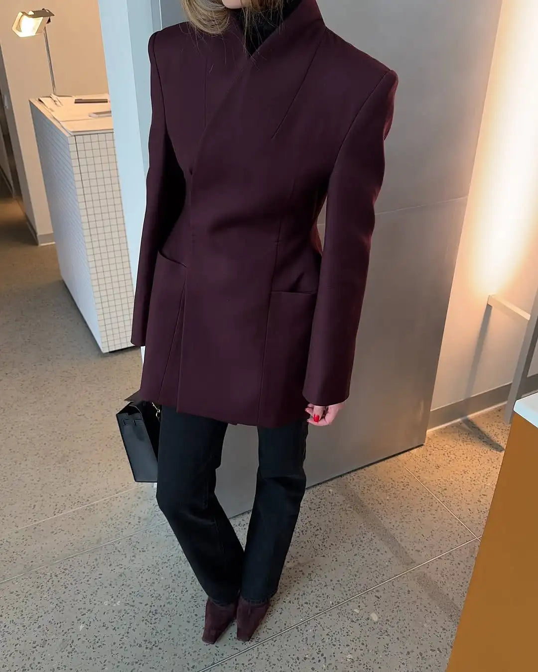 Elegant V-Neck Waist Blazer Coat for Women – Minimalist Long Sleeve Formal Jacket | Murps Luxury
