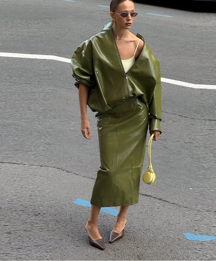 Vintage Olive PU Leather Jacket & Midi Skirt Set - High Neck Zip Coat - Slim Fit Pencil Skirt