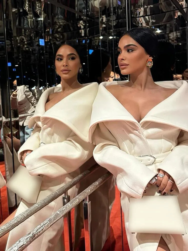 Women’s White Lapel Wool-Blend Long Overcoat - Double Breasted - Belted Waist