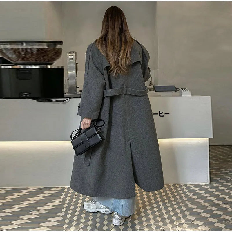 Wool Blend Long Coat - Double Breasted, Belted Silhouette, Turn Down Collar