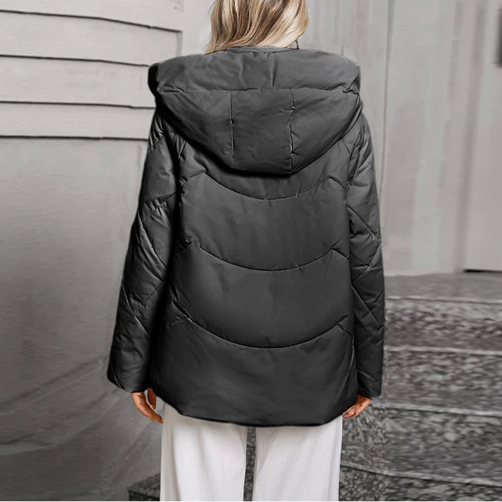 Women’s Hooded Puffer Jacket - High Collar - Waterproof Zip Pockets