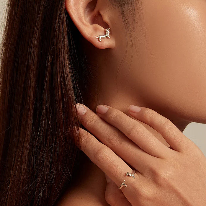 925 sterling silver dachshund dog adjustable ring on hand