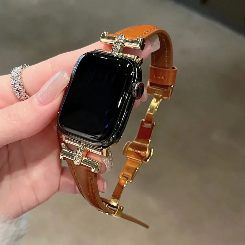 Apple Watch bracelet band - black leather with stainless butterfly clasp