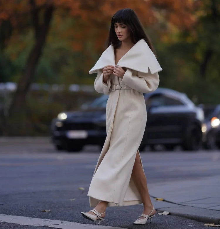 Murps Luxury Elegant Shawl-Collar Belted Long Coat – Ivory