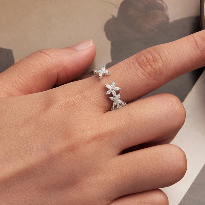 sterling silver CZ leaf open ring adjustable – Murps