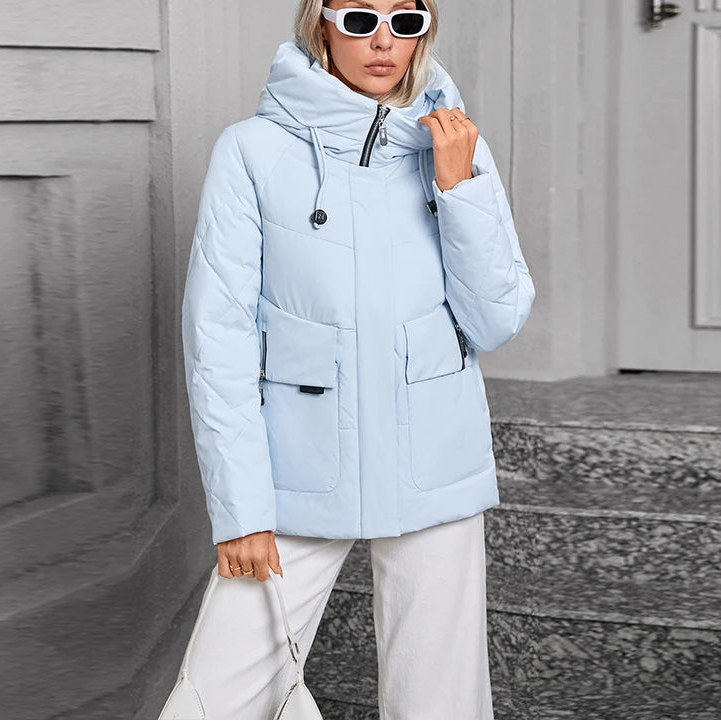 Women’s Hooded Puffer Jacket - High Collar - Waterproof Zip Pockets
