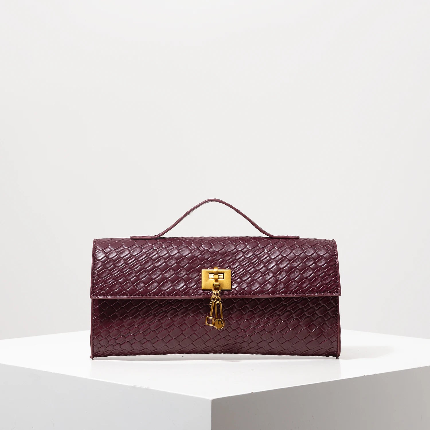 Murps Woven Baguette Top-Handle Clutch – Wine Red, Gold Turn-Lock