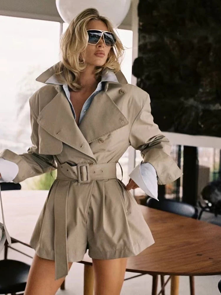 Trench-Style Belted Romper - Double-Breasted, Wide Lapel