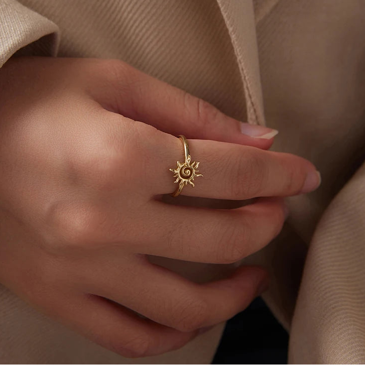 925 Sterling Silver Sun Open Ring | Adjustable Gold-Plated Celestial Band