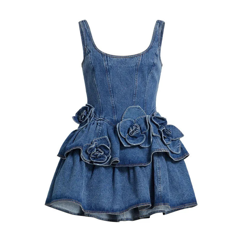 3D Floral Double Layer Denim Mini Dress - Square Neck Sleeveless A-line Party Dress