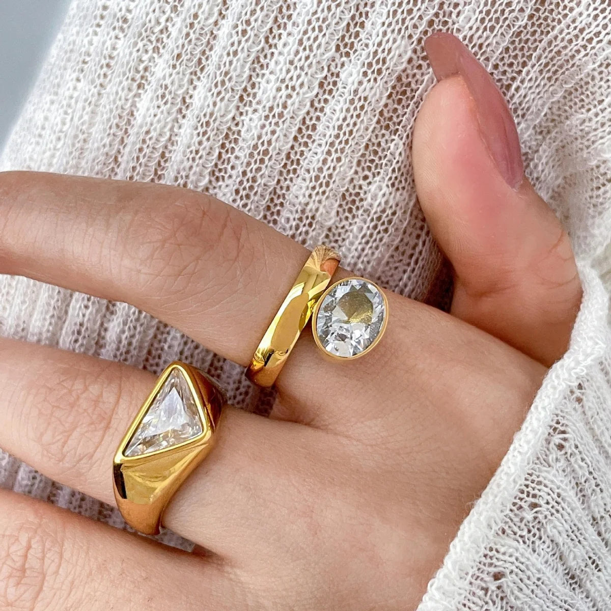 Murps 18K Gold-Plated Geometric CZ Ring – Stainless Steel Oval/Square/Triangle