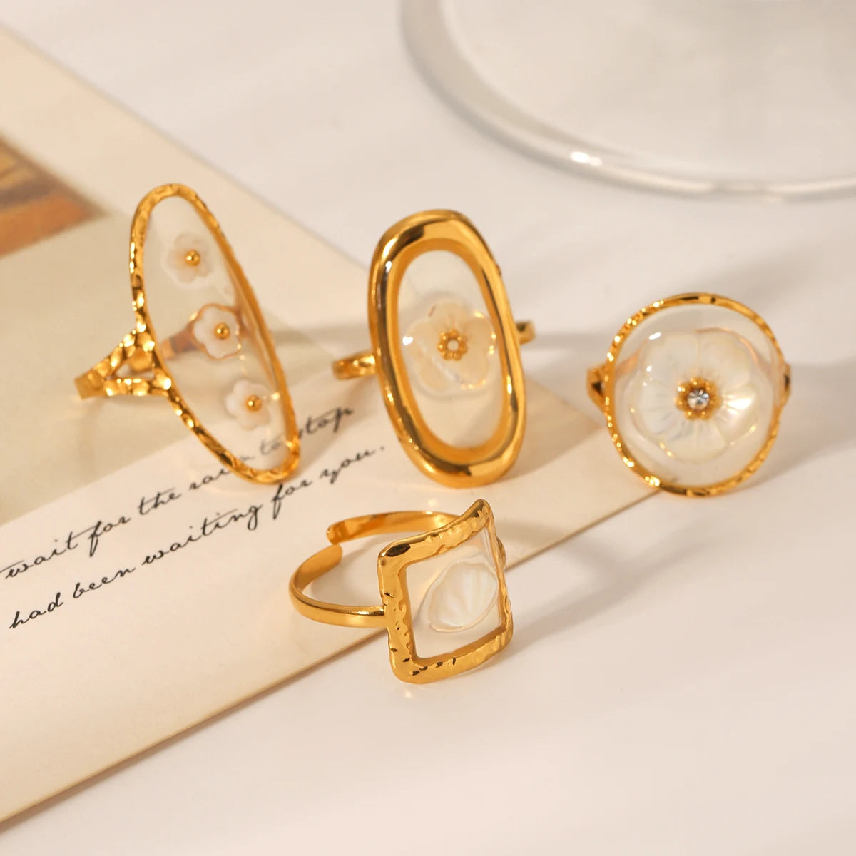 Huangchao Shell Flower Open Ring – 18K Gold Plated Stainless Steel, Hypoallergenic & Waterproof