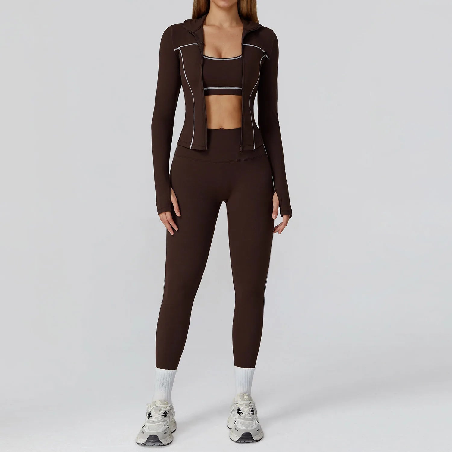 Women’s 3 Piece Workout Set - High Waist Leggings, Sports Bra, Zip Jacket