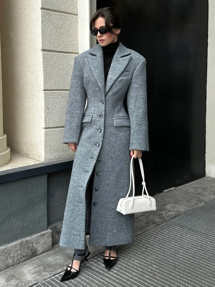 Women’s Long Waist-Cinching Lapel Coat – Grey Single-Breasted Overcoat | Murps Luxury
