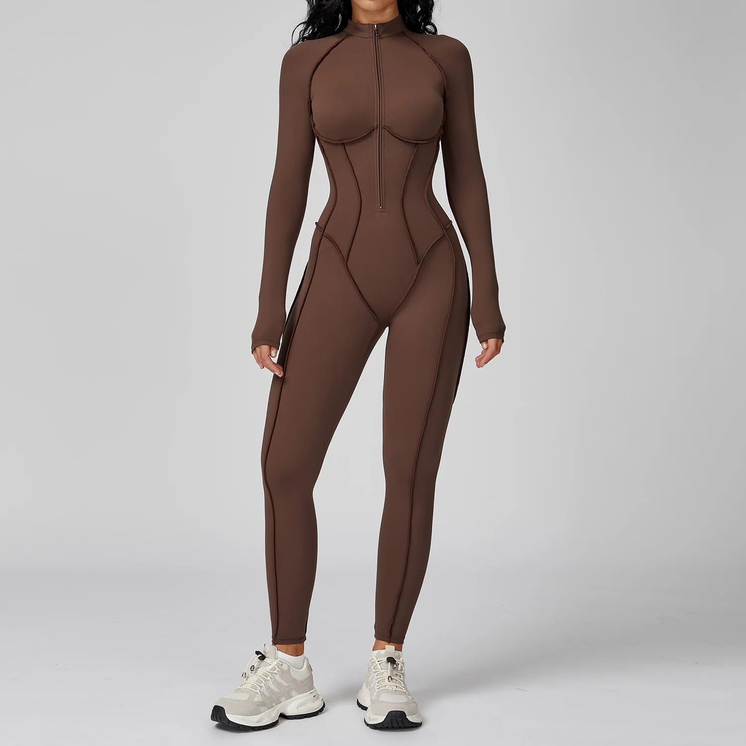Sculpt Zip-Front Long-Sleeve Jumpsuit - Seamless Compression, Open-Back, High-Stretch