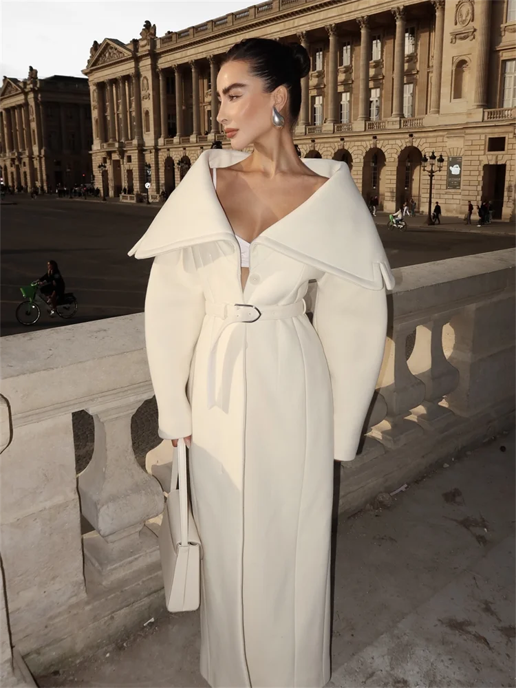 Shawl-Collar Belted Wool-Blend Maxi Coat – Ivory