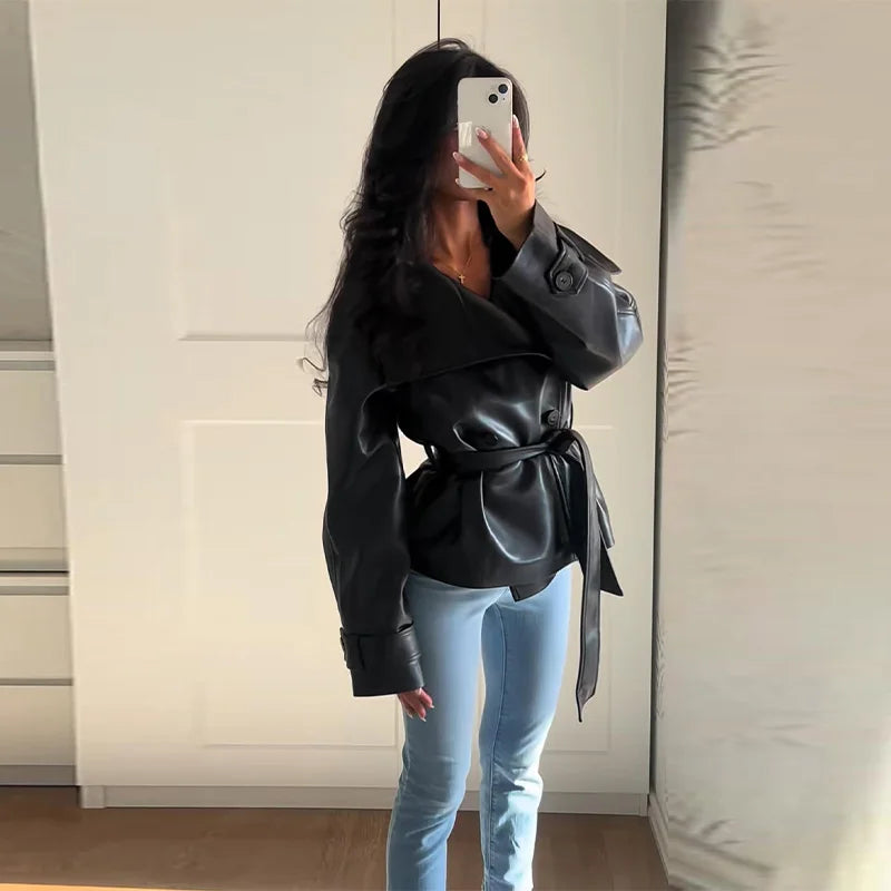 Belted Faux Leather Blazer for Women | Glossy Waist-Tie Jacket