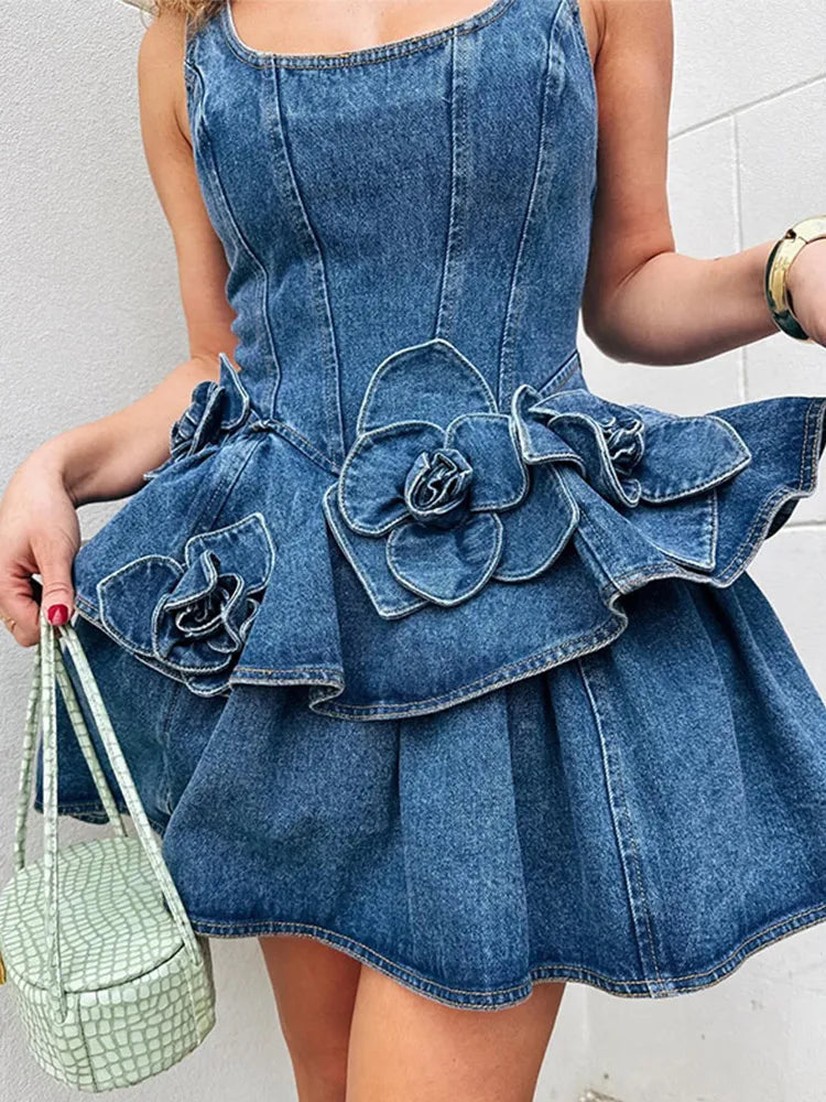 3D Floral Double Layer Denim Mini Dress - Square Neck Sleeveless A-line Party Dress