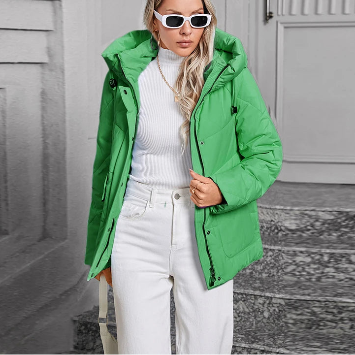 Women’s Hooded Puffer Jacket - High Collar - Waterproof Zip Pockets