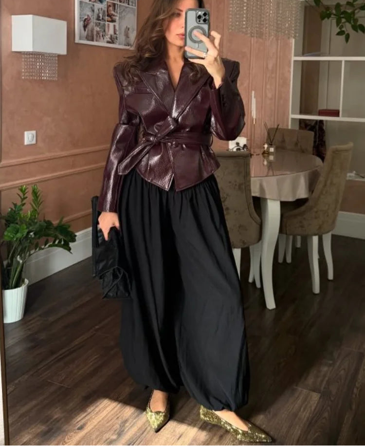 Belted Faux Leather Blazer for Women | Glossy Waist-Tie Jacket