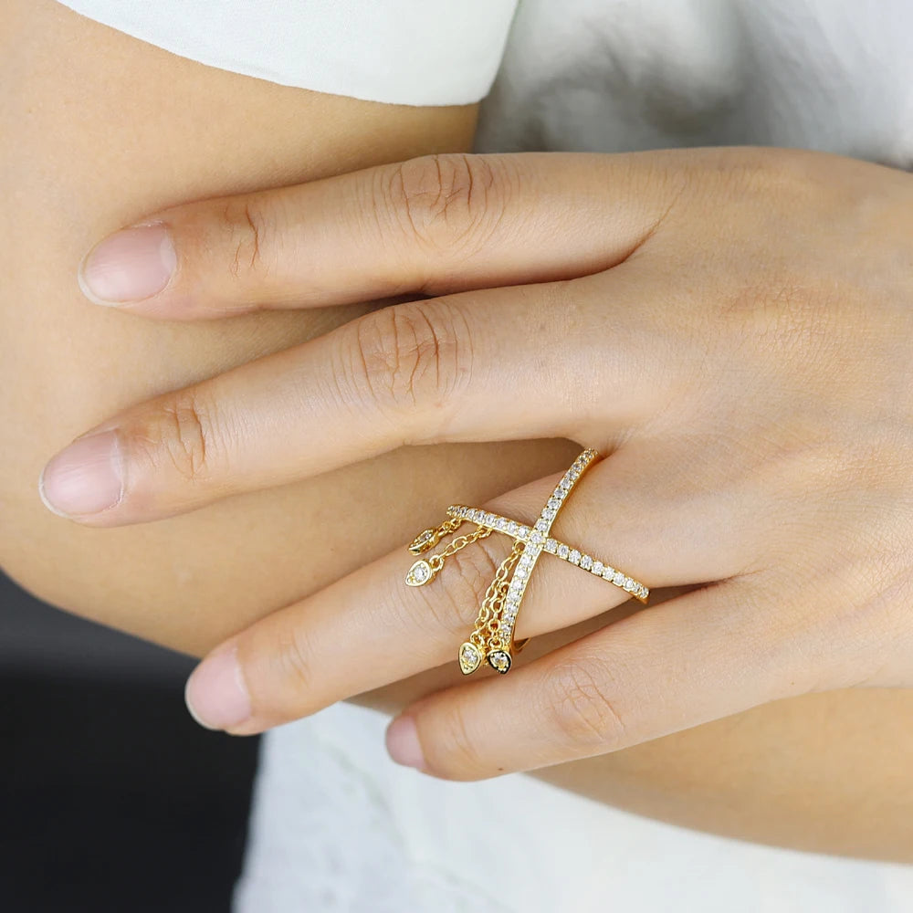 Murps 18K Gold-Plated CZ Chain Link Teardrop Ring – Adjustable Sizes