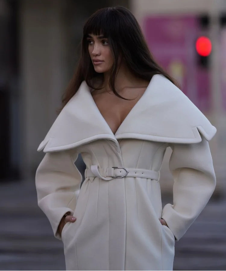 Murps Luxury Elegant Shawl-Collar Belted Long Coat – Ivory