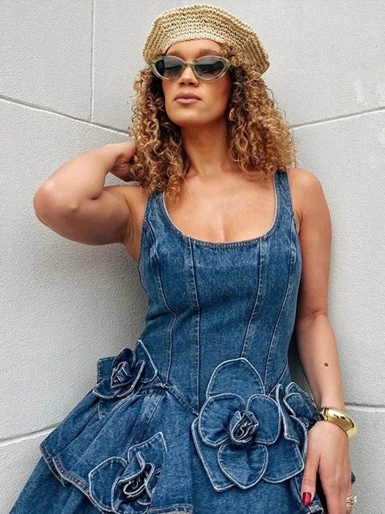 3D Floral Double Layer Denim Mini Dress - Square Neck Sleeveless A-line Party Dress