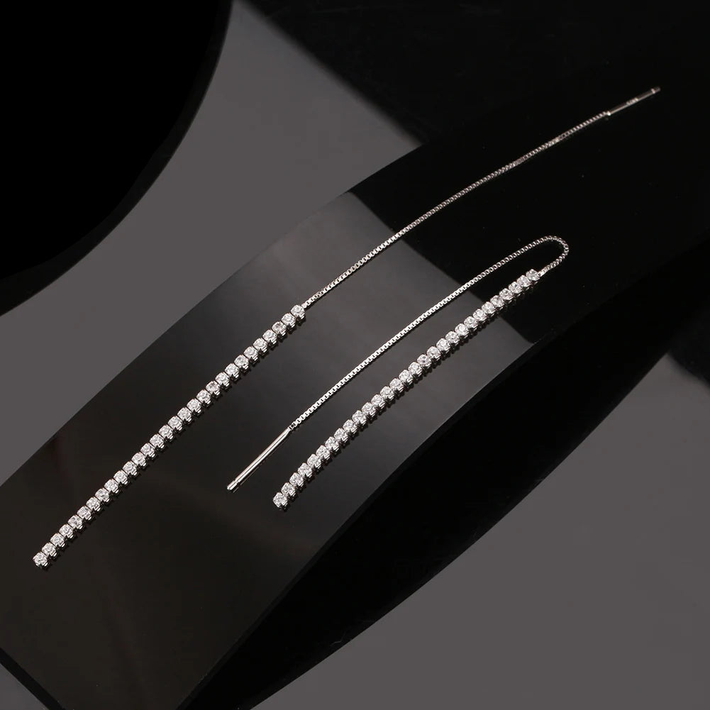 Pair of silver threader earrings on a black background with 'Murps Jewels' branding.