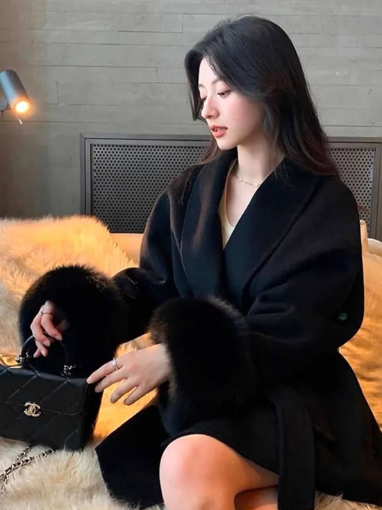 Chic Faux-Fur Cuff Woolen Short Coat – Single-Breasted, Belted