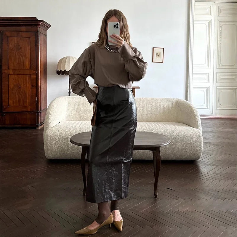 Vintage Olive PU Leather Jacket & Midi Skirt Set - High Neck Zip Coat - Slim Fit Pencil Skirt