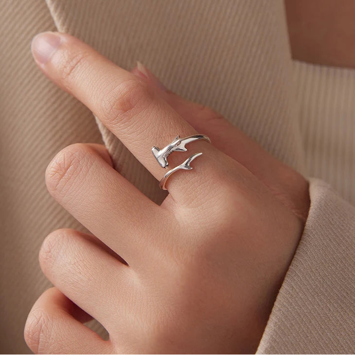 Hammerhead Shark Open Ring | 925 Sterling Silver Adjustable Animal Ring