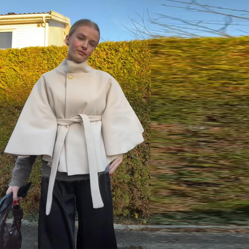 Belted Cape Jacket – Stand Collar, Wide Sleeves (Wool-Blend)