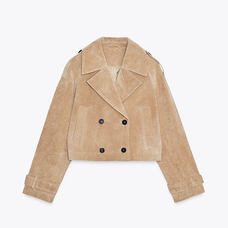 Cropped Double-Breasted Khaki Jacket - Wide Lapel, Boxy Fit