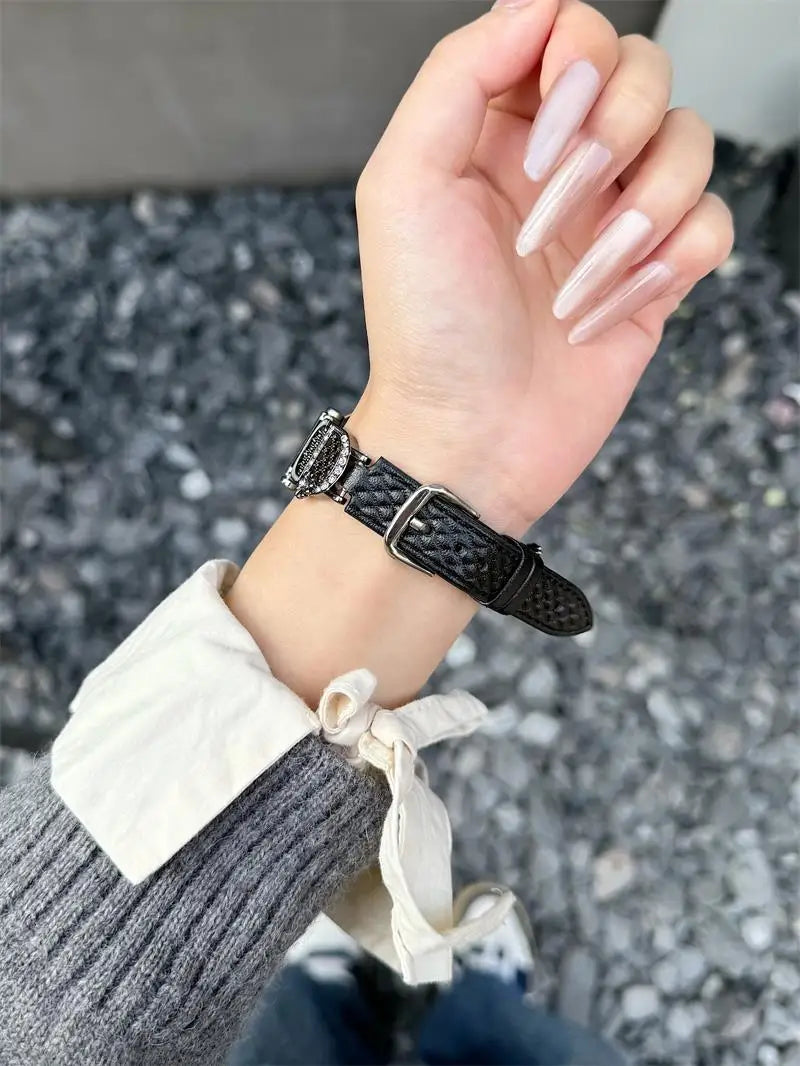 Diamond-Pattern Leather Watch Band - 18mm/20mm/22mm