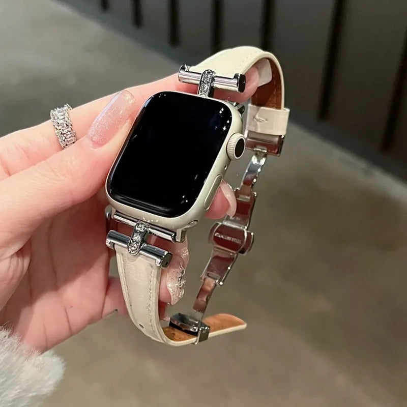 Apple Watch bracelet band - black leather with stainless butterfly clasp