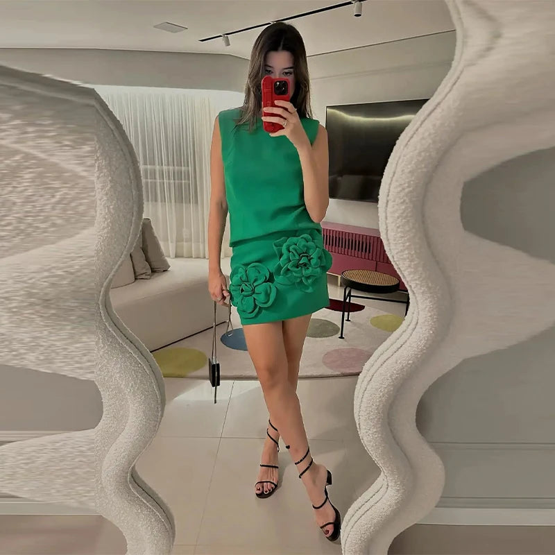 3D Flower Applique Two-Piece Skirt Set - Sleeveless Top - Murps Luxury