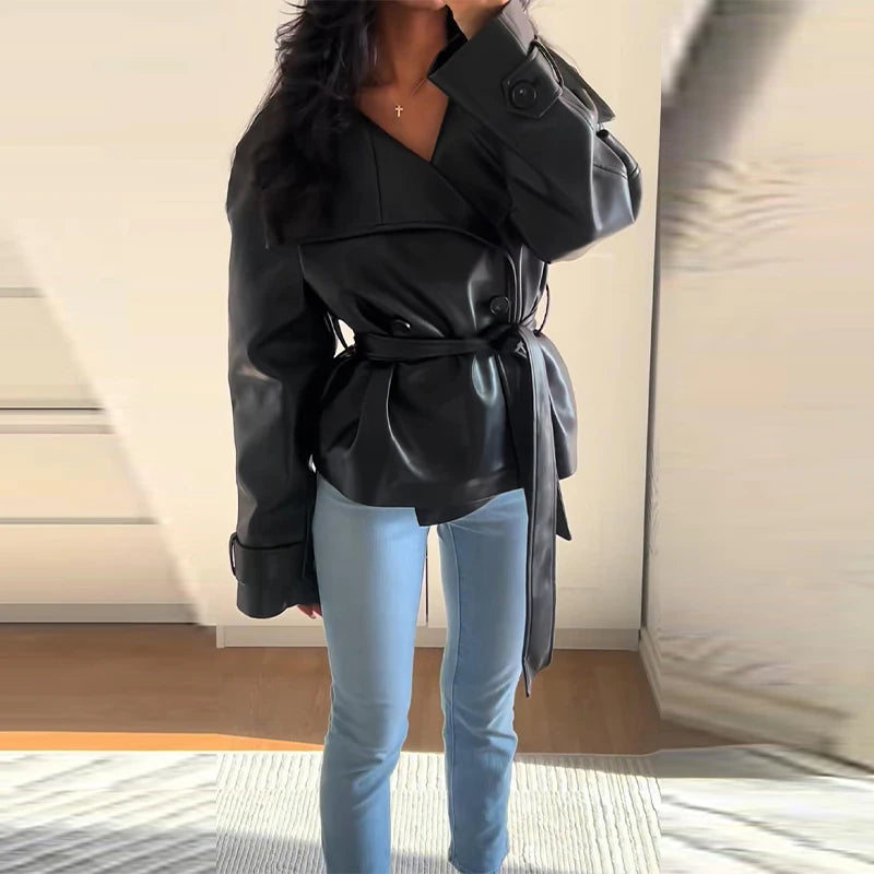 Belted Faux Leather Blazer for Women | Glossy Waist-Tie Jacket