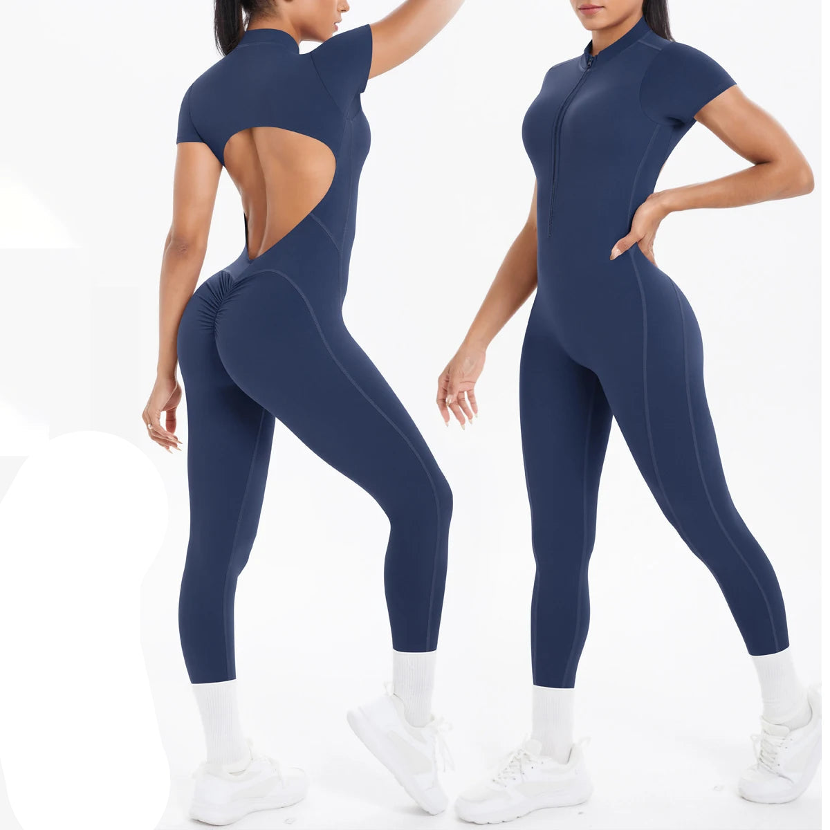 Open-Back Sculpt Jumpsuit (Short Sleeve, Zip Front)