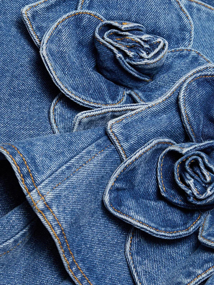 3D Floral Double Layer Denim Mini Dress - Square Neck Sleeveless A-line Party Dress