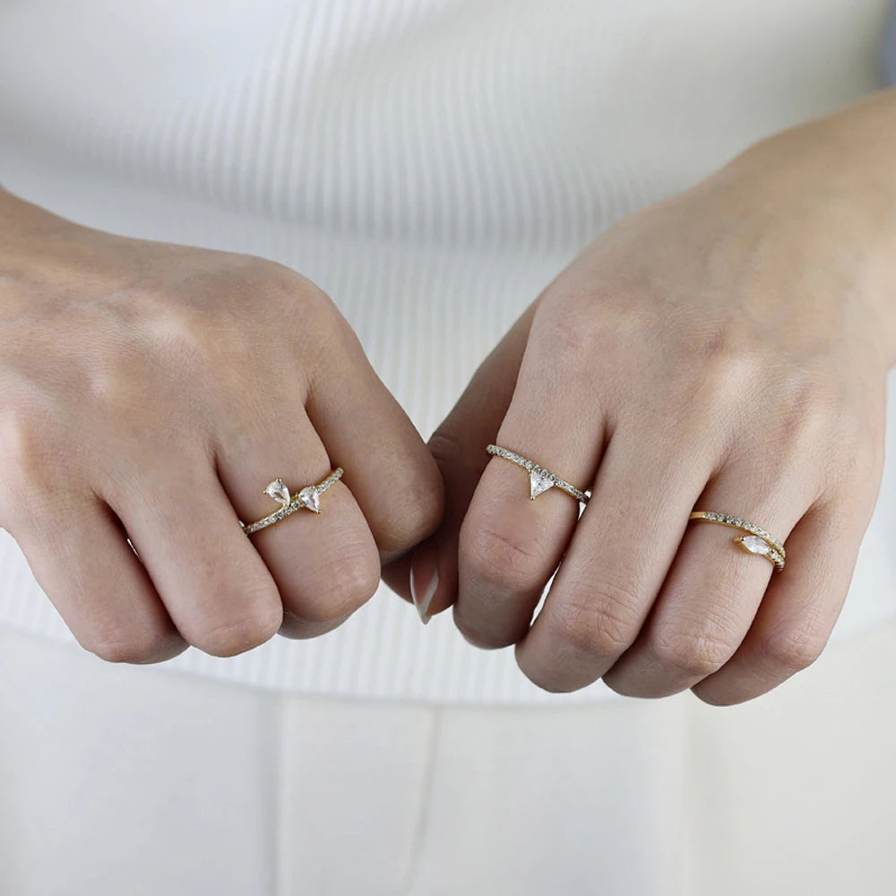 Dainty CZ Stackable Ring in 18K Gold - Pear, Triangle, or V Chevron