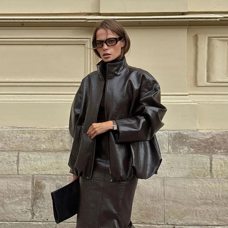 Vintage Olive PU Leather Jacket & Midi Skirt Set - High Neck Zip Coat - Slim Fit Pencil Skirt