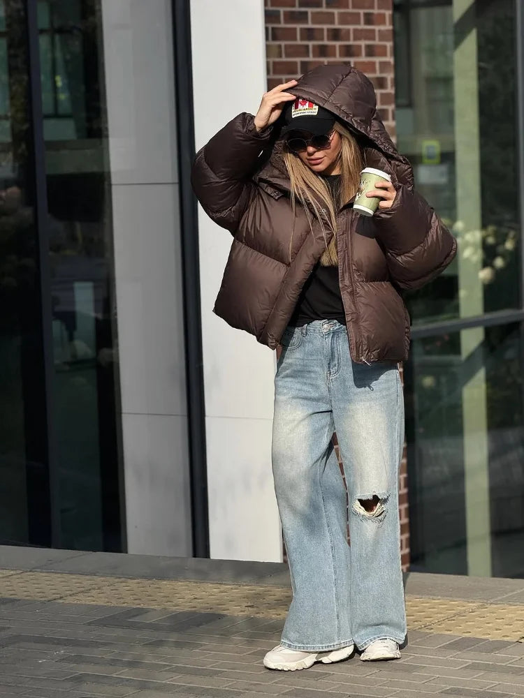 Women’s Deep Brown Cotton Puffer Jacket - Short, Warm & Lightweight