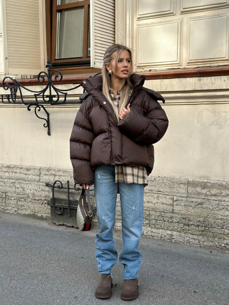 Women’s Deep Brown Cotton Puffer Jacket - Short, Warm & Lightweight