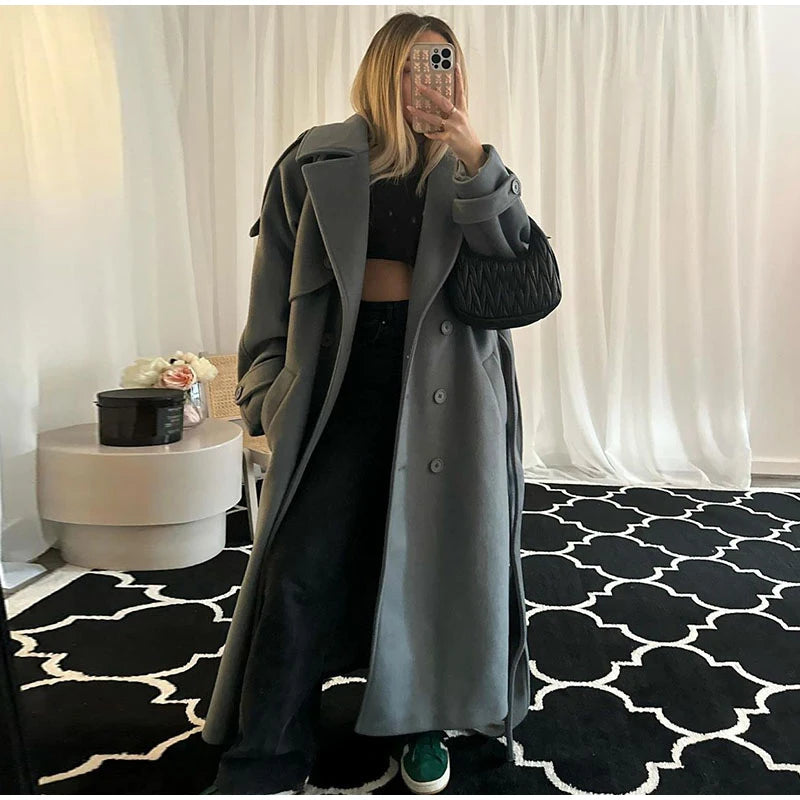Wool Blend Long Coat - Double Breasted, Belted Silhouette, Turn Down Collar