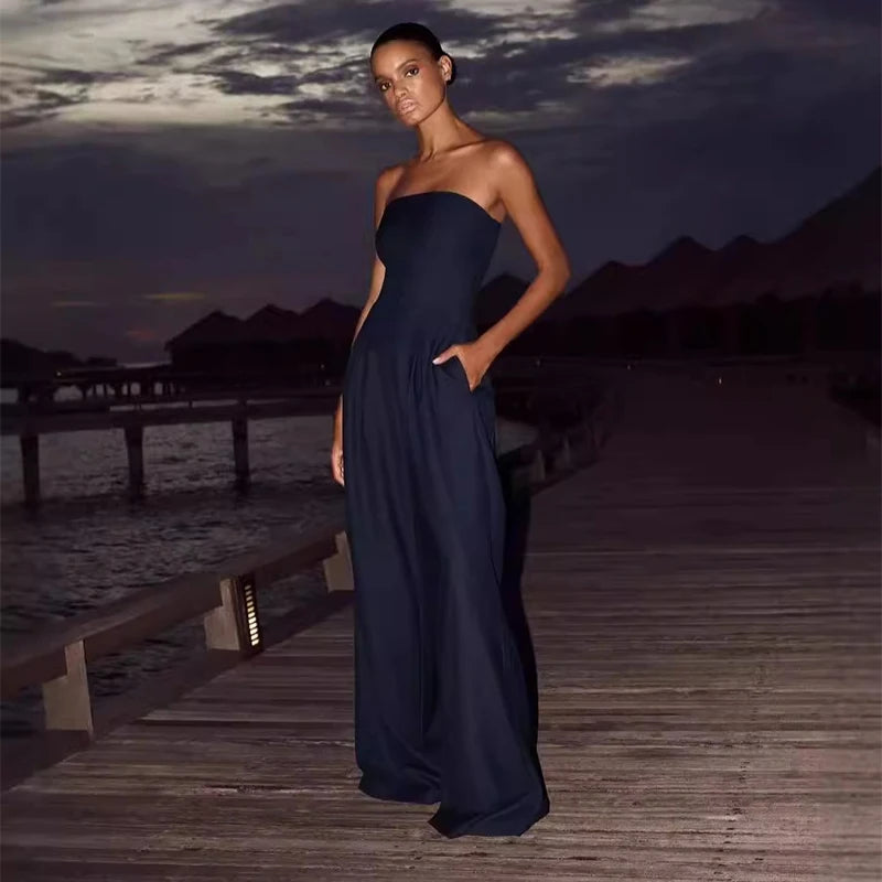 Strapless Wide-Leg Jumpsuit with Pockets – Elegant Bandeau One-Piece